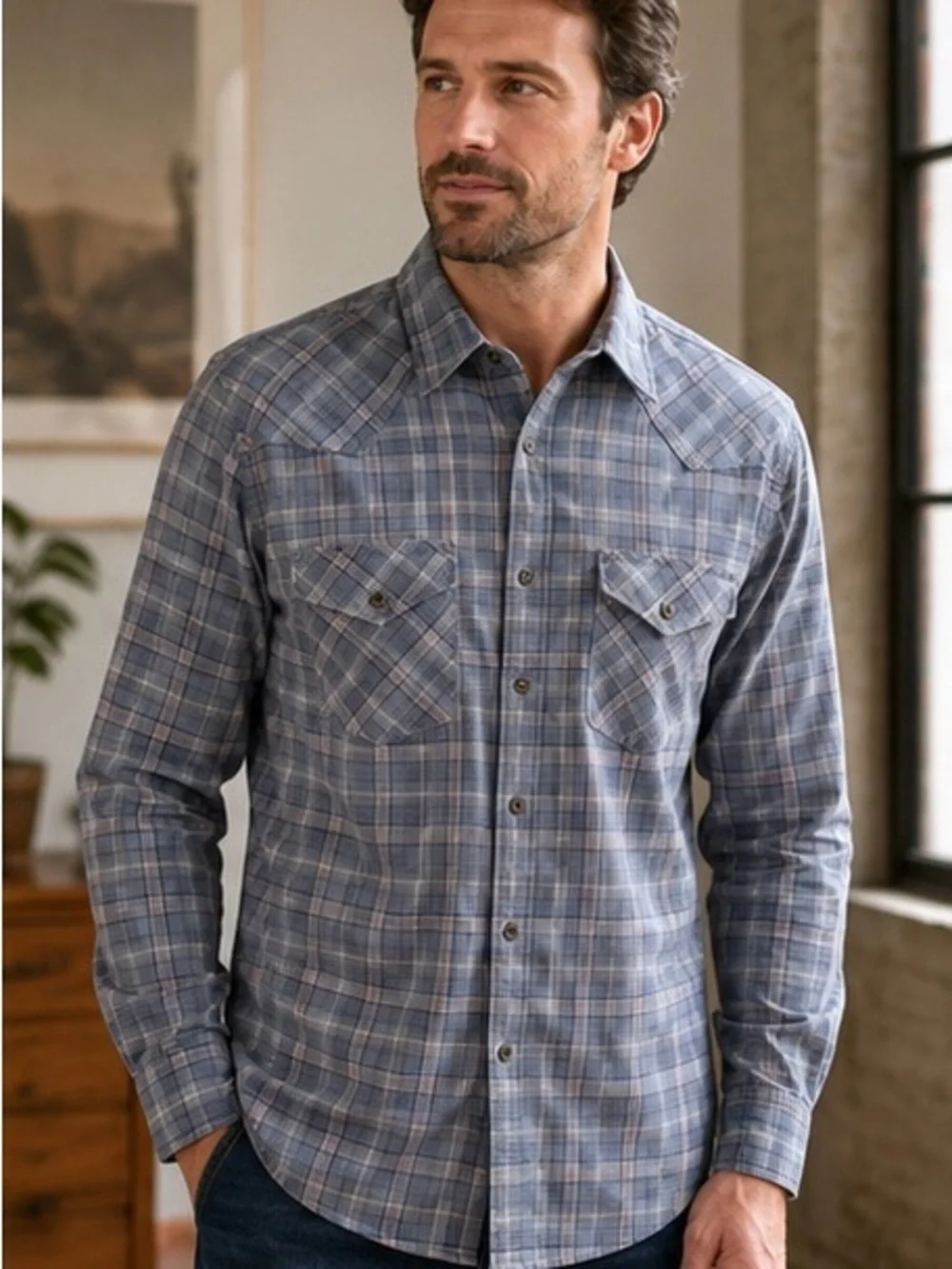 Wrangler Men’s L Plaid Flannel Shirt Western Snap Pockets Blue Gray